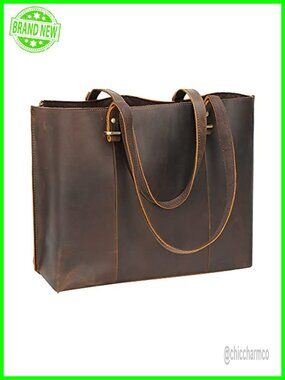 Vintage Full Grain Leather Work Tote Bag 15.6" Laptop Satchel